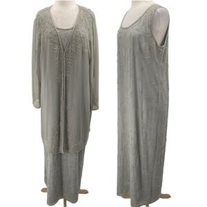 Vintage Scala Beaded Gown Matching Set Semi Sheer Duster Silver Plus Womens 1X